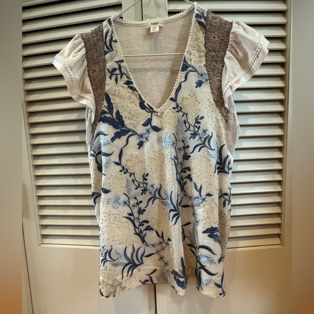 Cream Embroidered Flutter-Sleeve Blouse